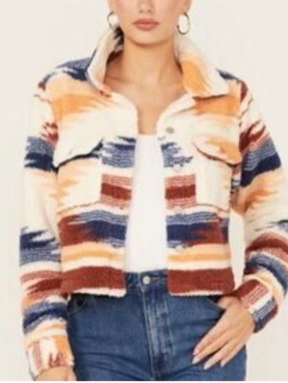 Stoosh Multicolor Sherpa Button-Up Jacket in Blue, Brown, Orange, Cream